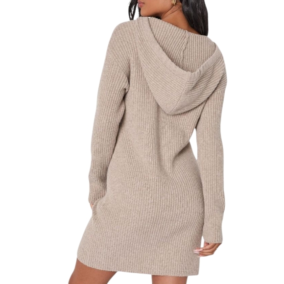 Lulus Snuggly Option Heather Taupe Hooded Mini Sweater Dress - Picture 2 of 9